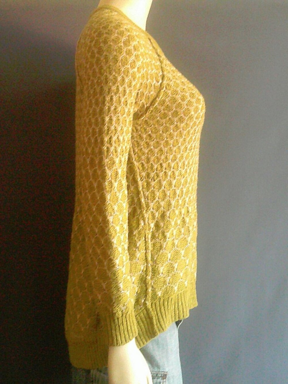 Anthropologie Moth Yellow Green Cotton Honeycomb Pattern Hi-Low Sweater Sm - Picture 5 of 8